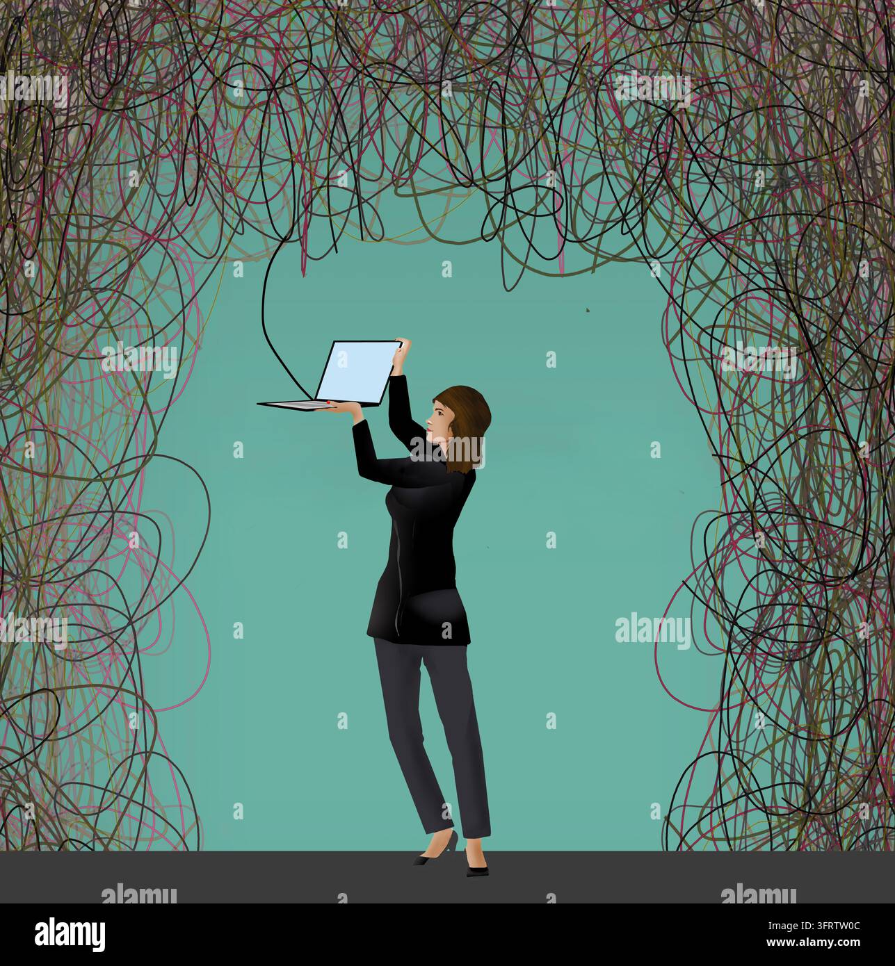 A woman connects her computer to a tangle of wires in an illustration ...