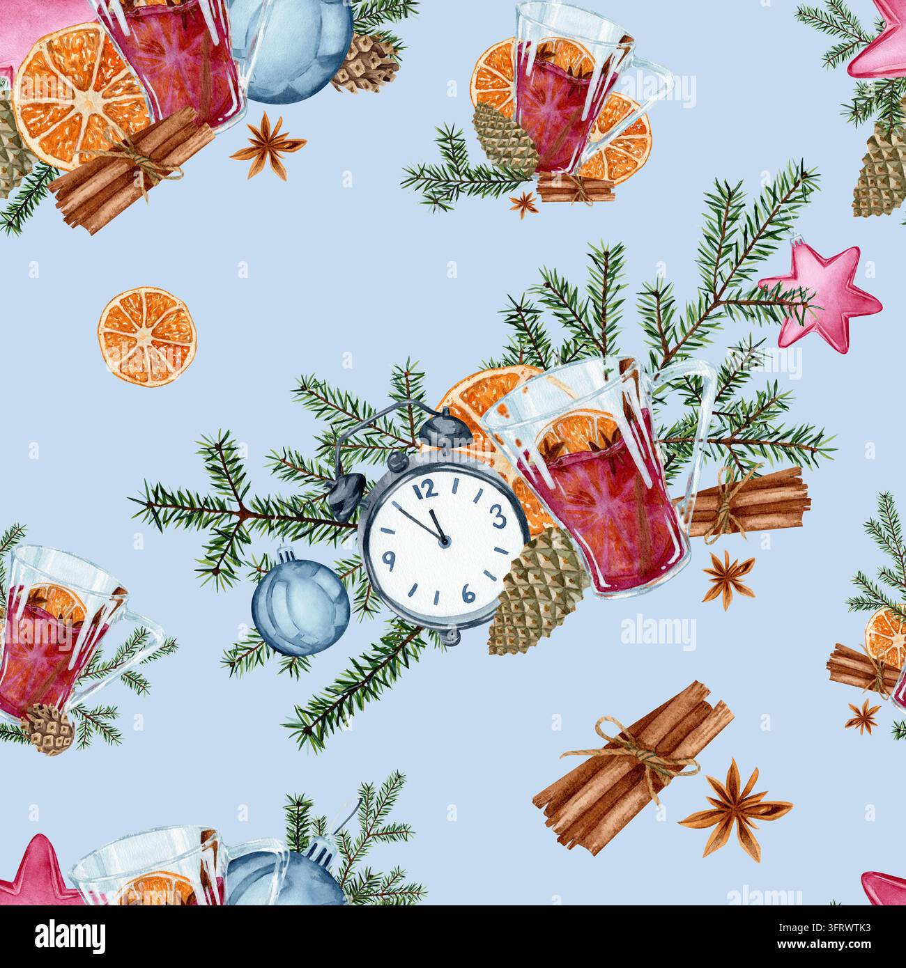 Watercolor mulled wine with orange, cinnamon, clock and fir branches on ...