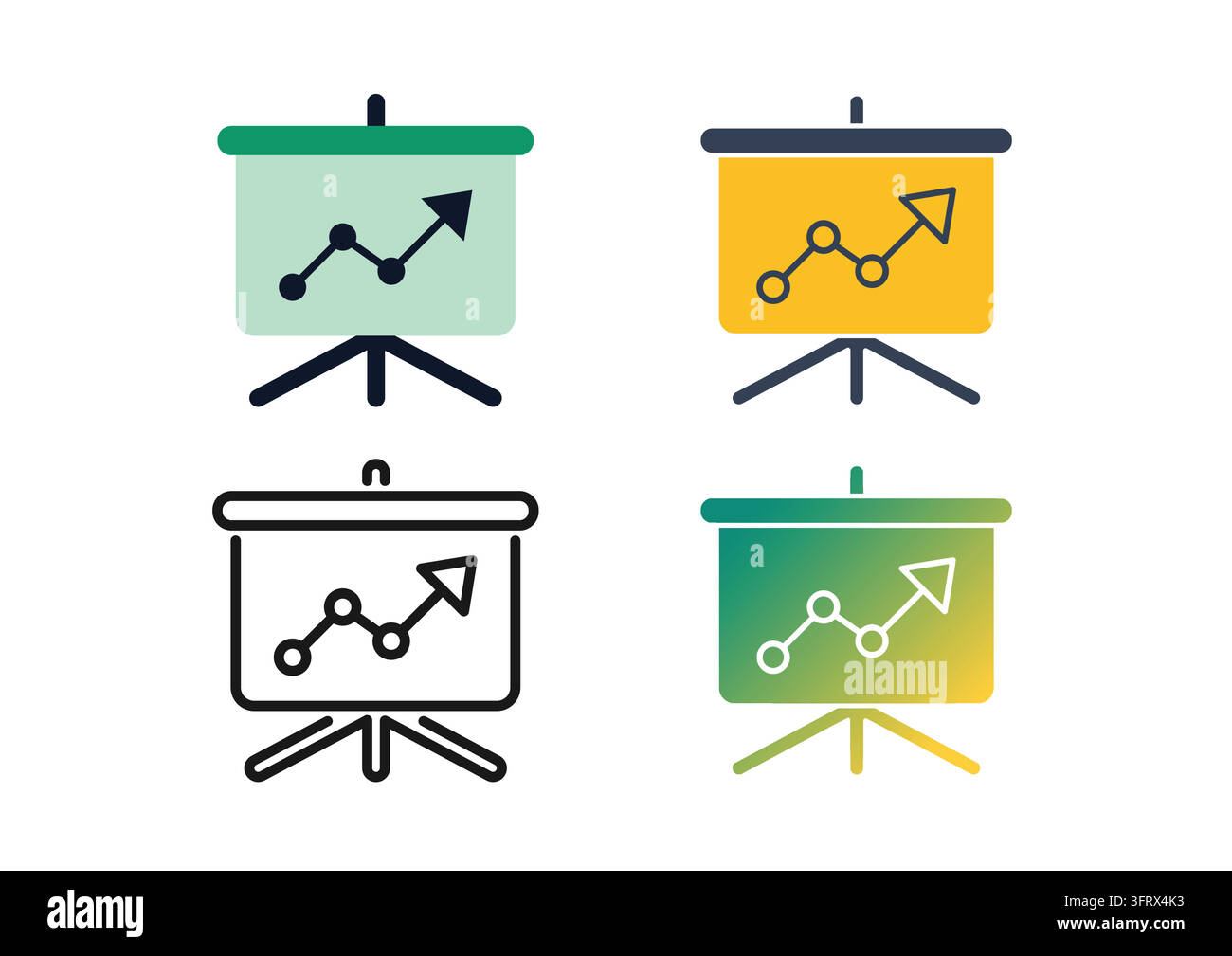 Vector icon set displaying presentation screens with upward trending line graphs and data points, styled in flat colors, clean line art, and smooth gr Stock Vector