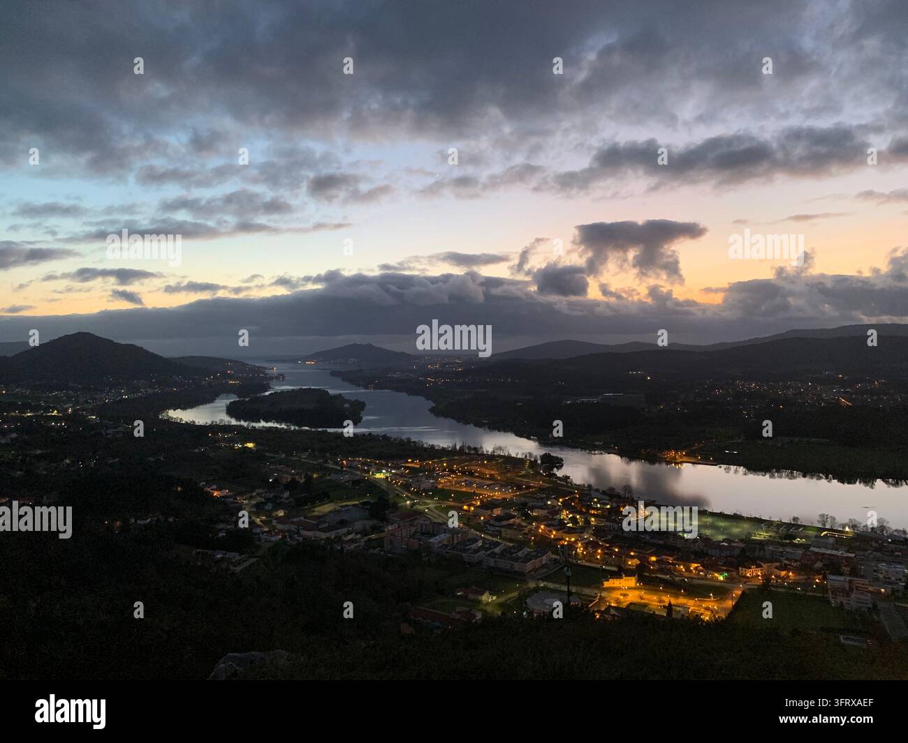 Winding Riger Twilight view of Alto Minho, Portugal in February 2020. The landscape ...