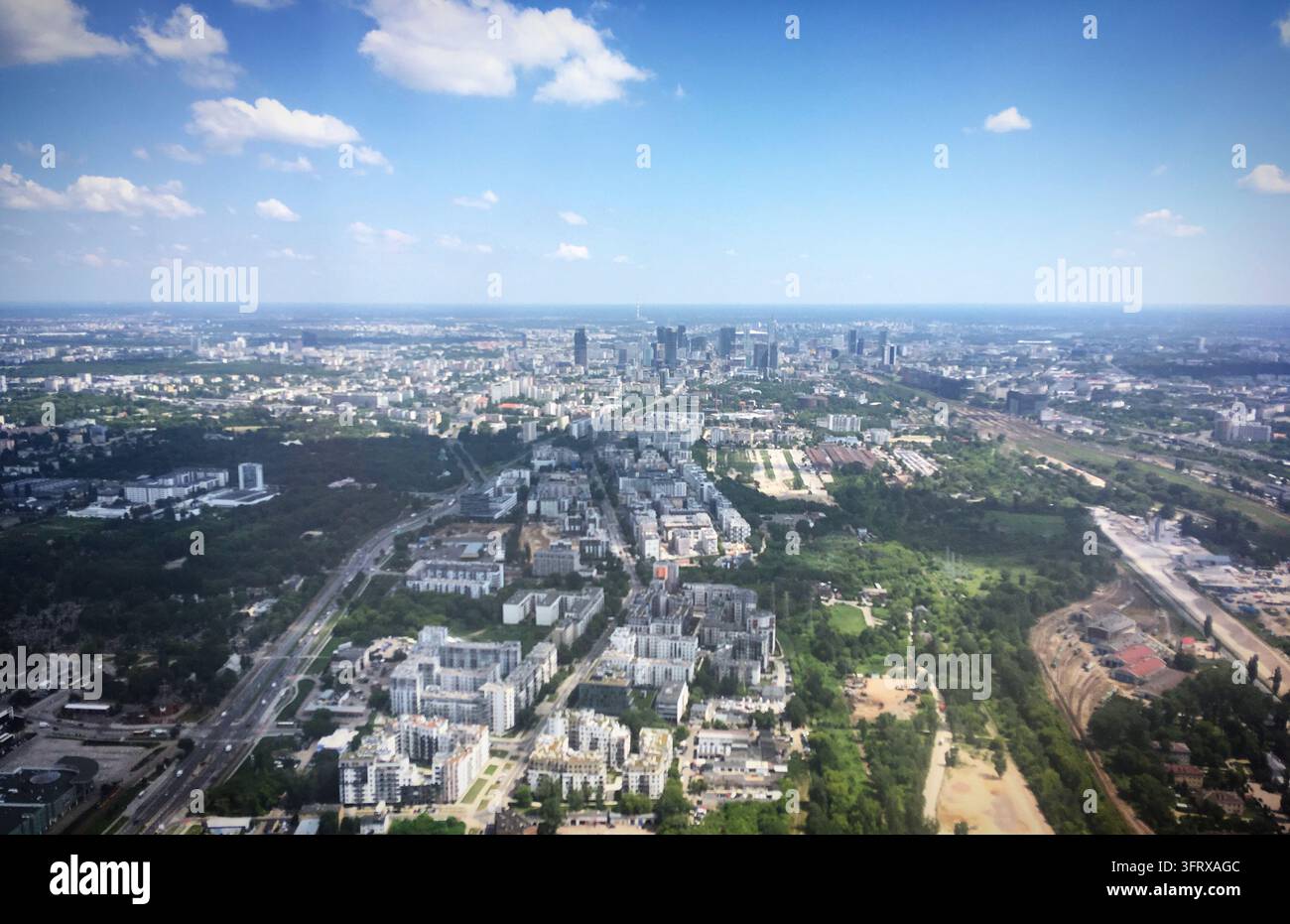 Aerial view of Warsaw, Poland, in June 2019. The cityscape features a ...