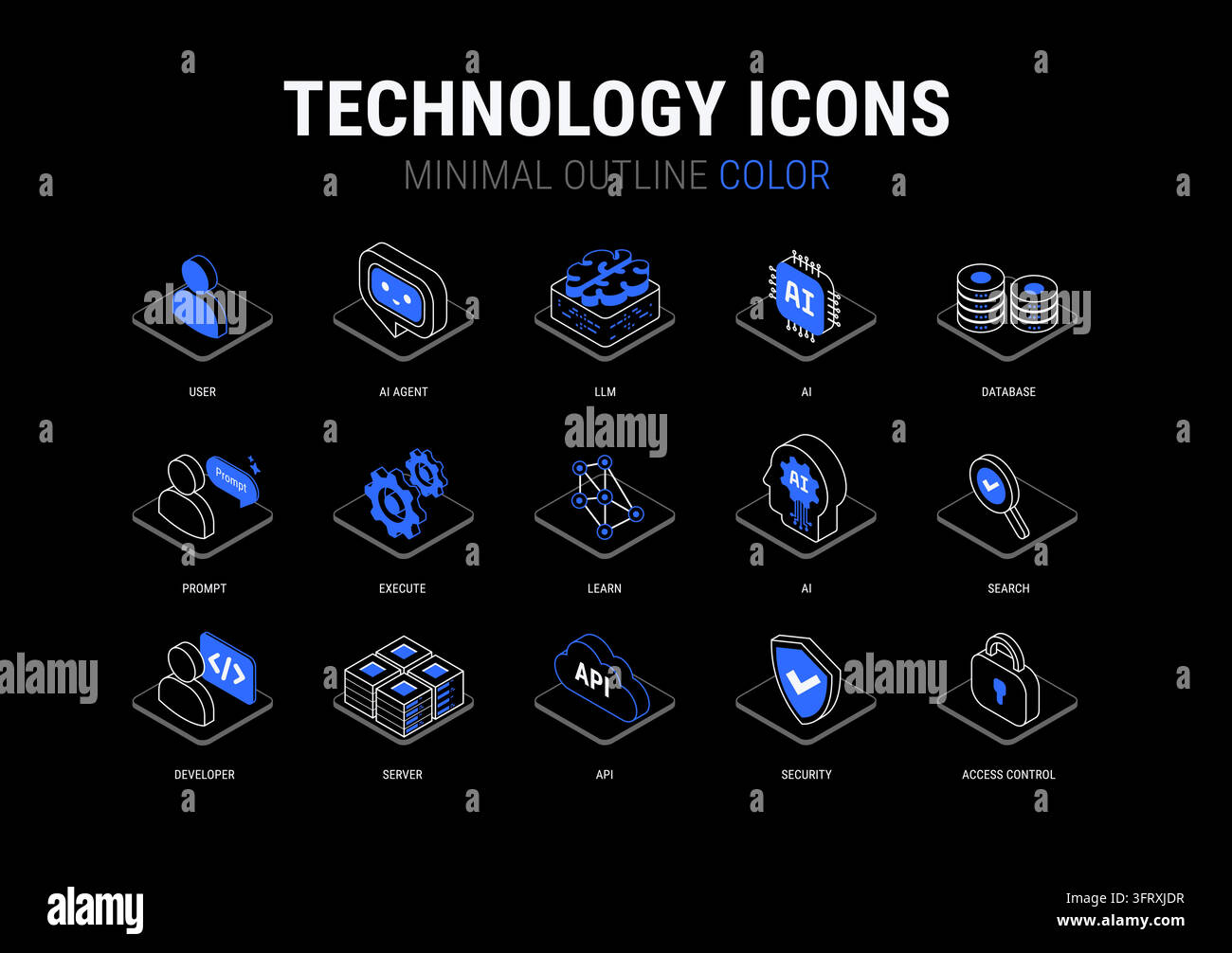Technology icons set for infographics diagram - User, AI, database, server, cloud, development, cybersecurity - isometric vector minimal blue and whit Stock Vector