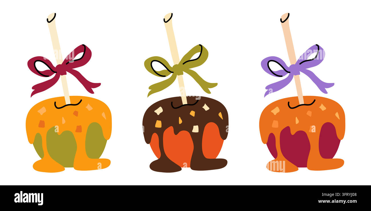 Caramel and chocolate candy apples hand drawn vector set for autumn fair menu design Stock Vector