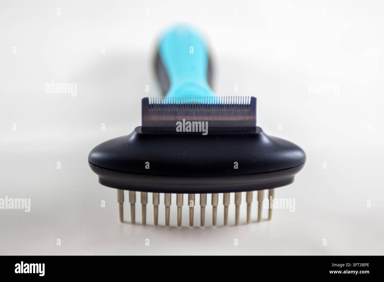 A close up studio product photograph of a modern blue and black dual sided pet grooming tool featuring a fine deshedding blade edge on one side and a Stock Photo