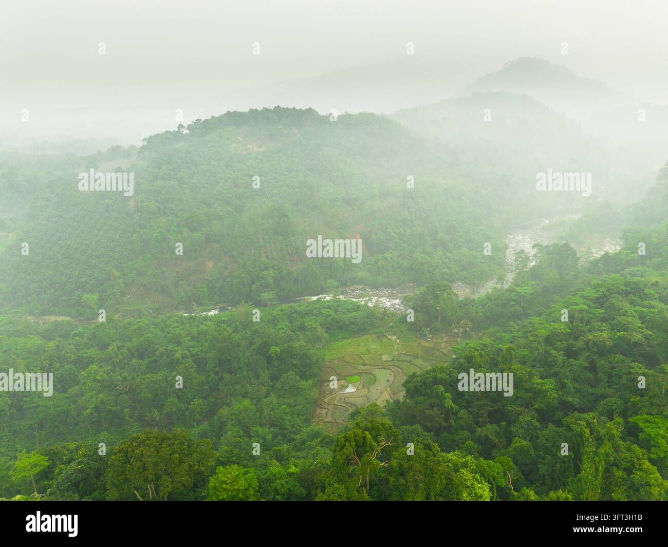 An aerial view of the Indonesian landscape in the morning, shrouded in ...