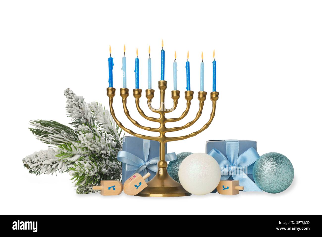 Menorah, blue candles, gifts, white ornaments, pine, isolated, PNG ...