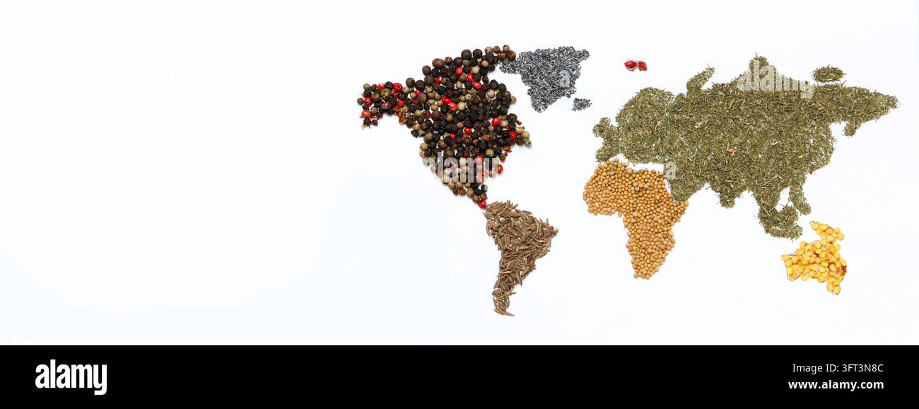 Map of world made from different kinds of spices Stock Photo