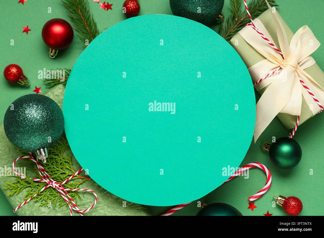 Beautiful composition with blank card, gift boxes, Christmas ...