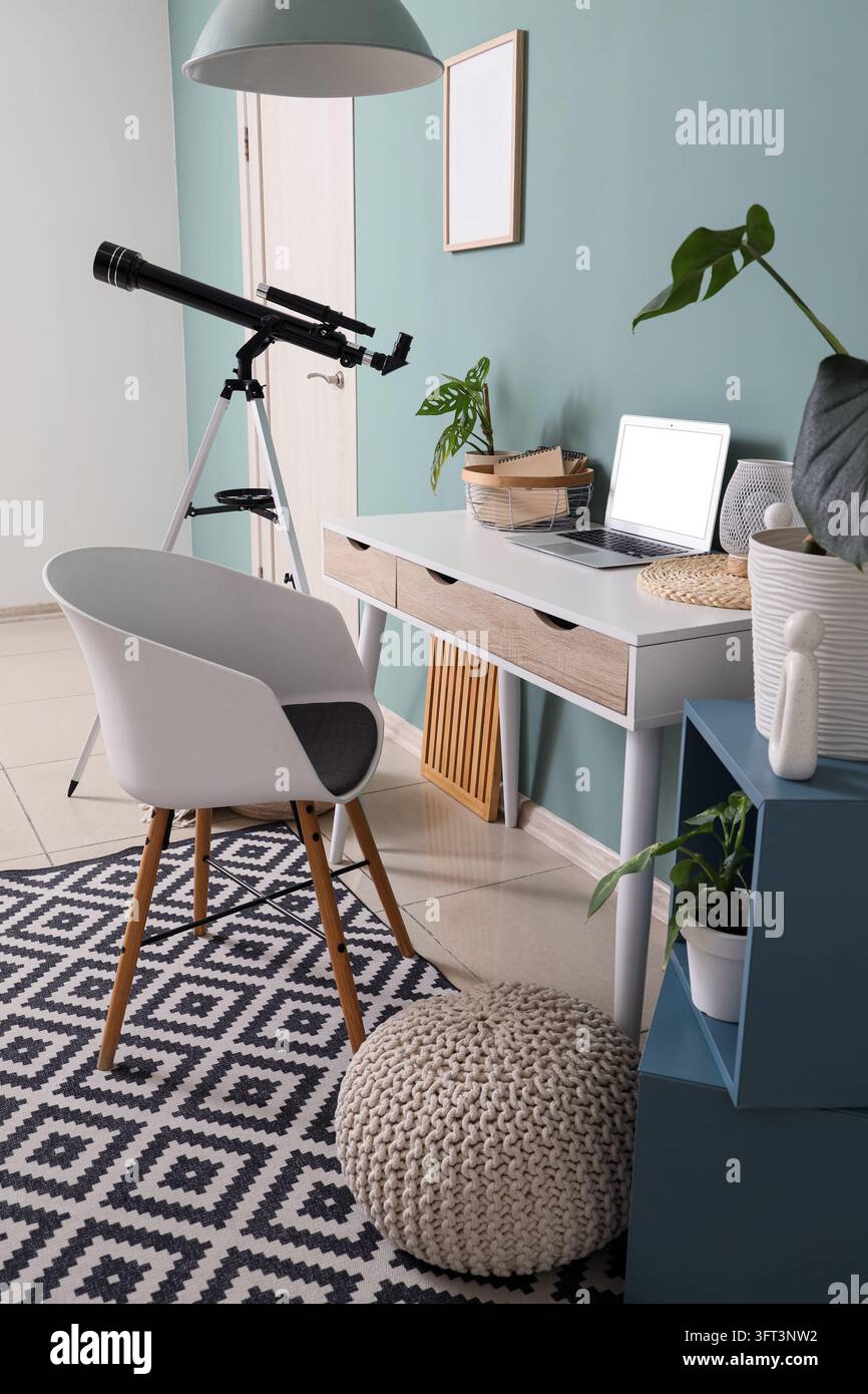 Remote work and home office setup, modern workspace with laptop and ...