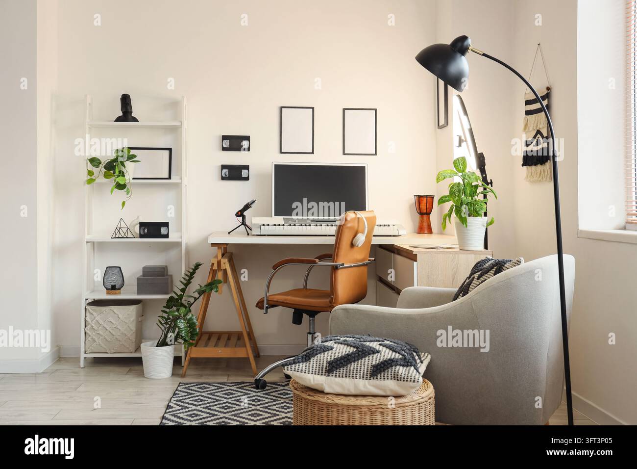 Remote work and creative home office, modern workspace with computer ...