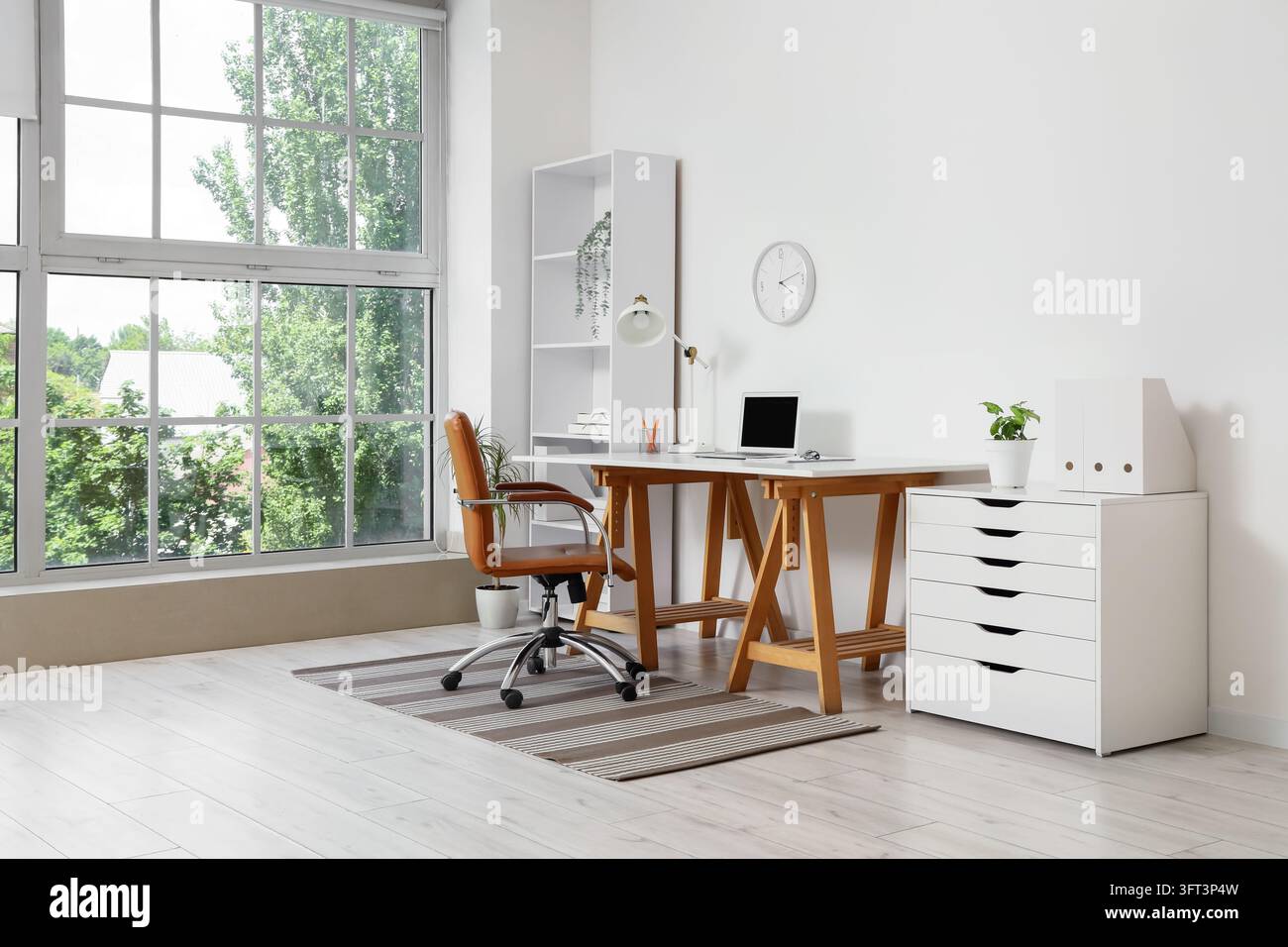 Remote work and home office setup, modern workspace with laptop and ...