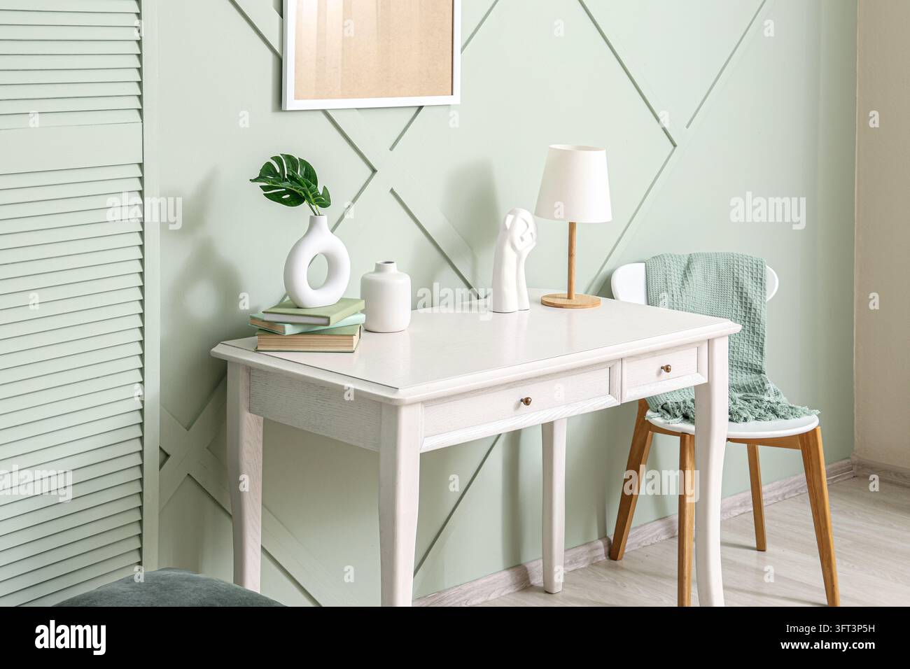Interior design and home office workspace, minimalist desk with decor ...