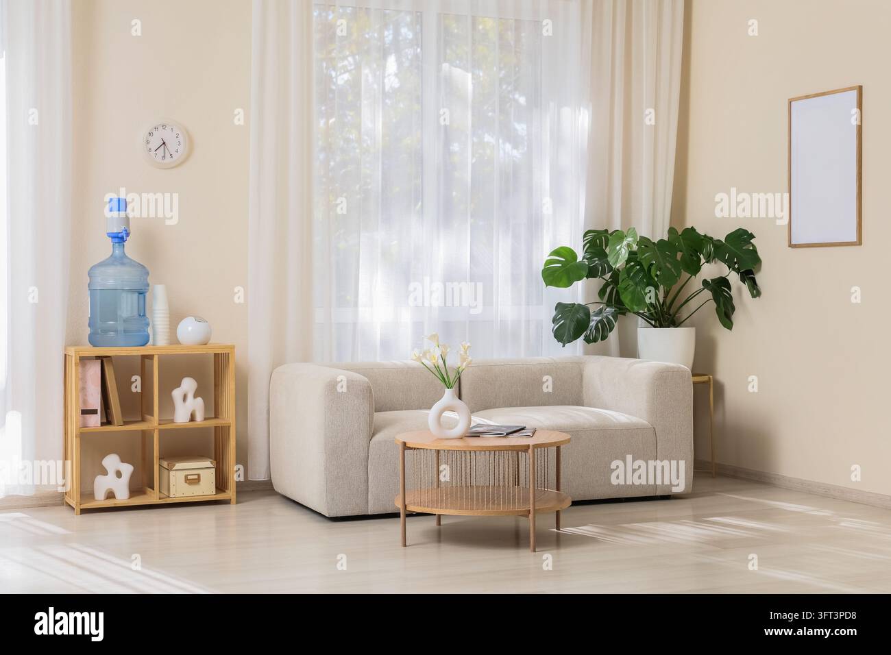 Interior design and home comfort, modern living room with beige sofa ...