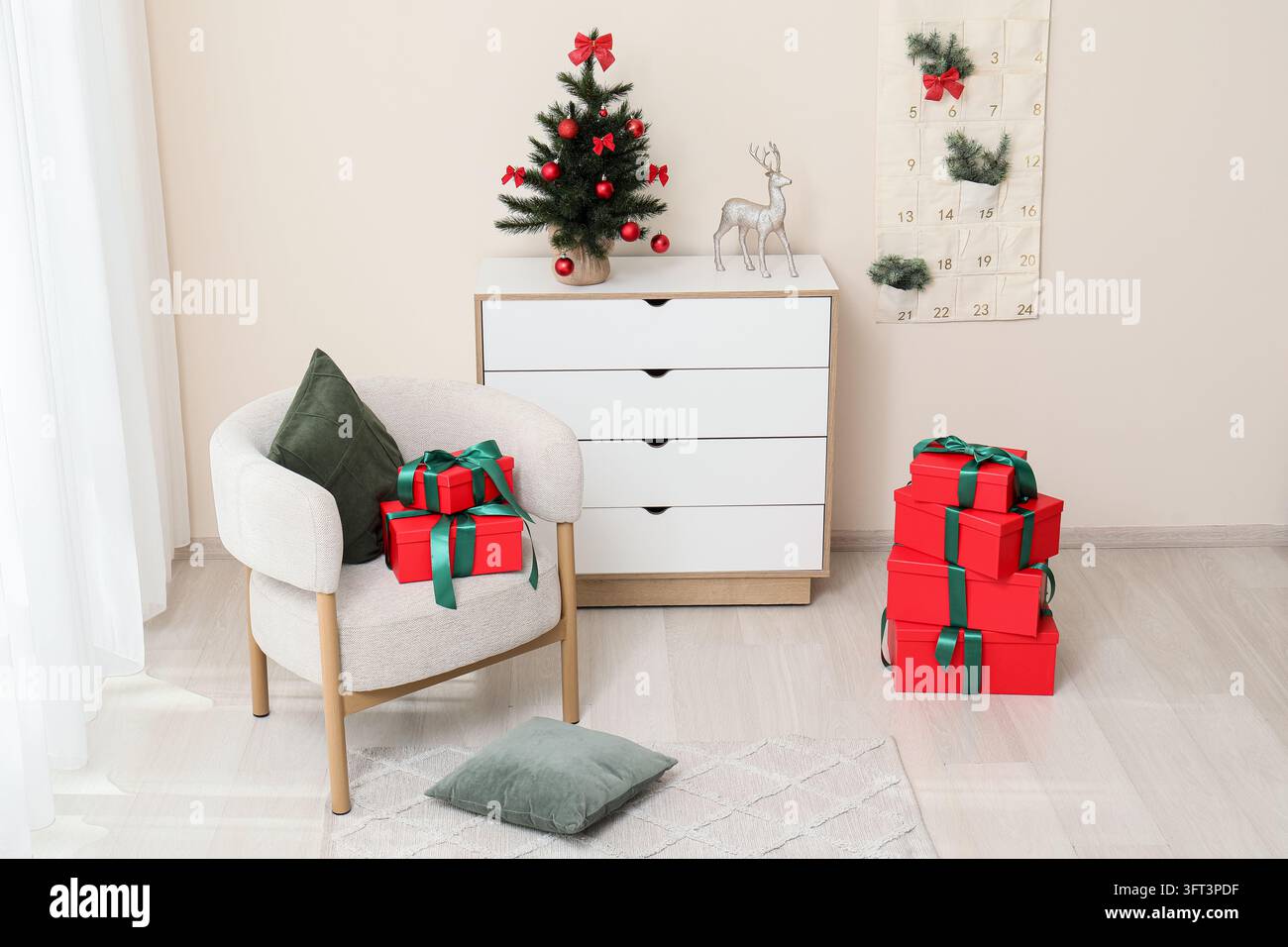 Christmas preparation and holiday home decor, festive gift boxes with ...