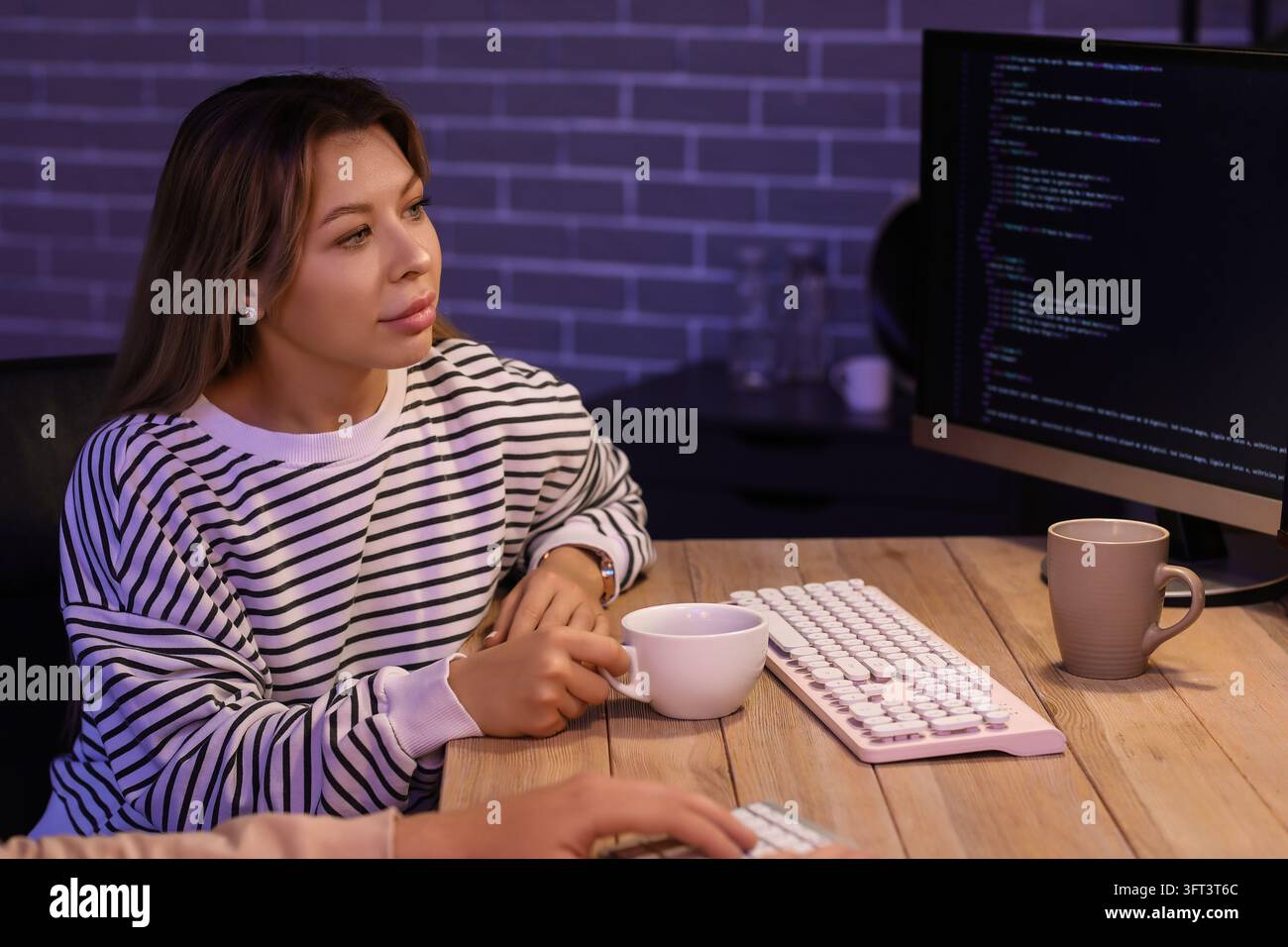 Burnout and remote work stress, woman working late on computer with ...
