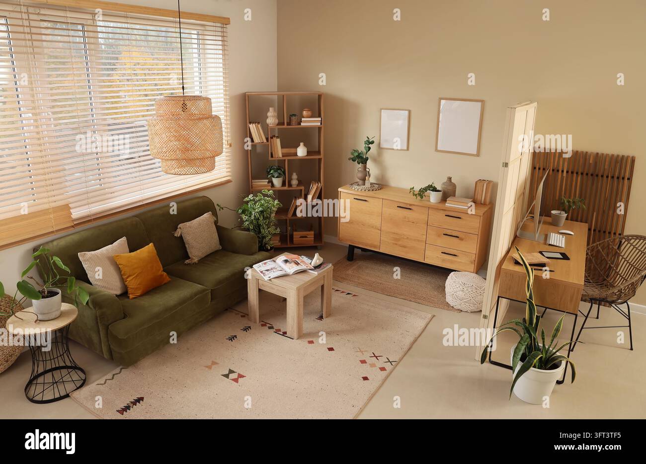 Remote work and home office interior, modern living room with workspace ...