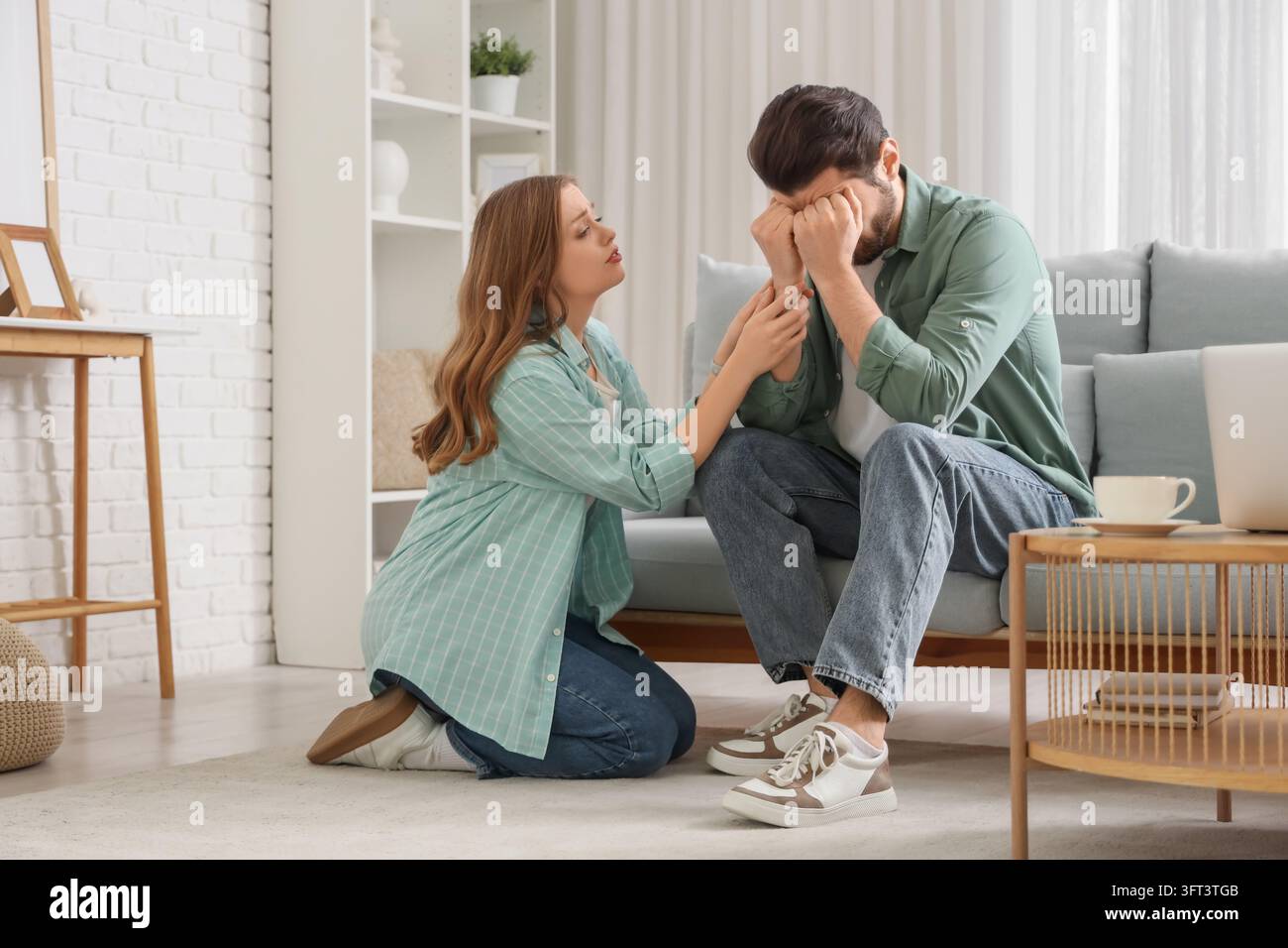 Mental health support and relationship crisis, woman comforting ...