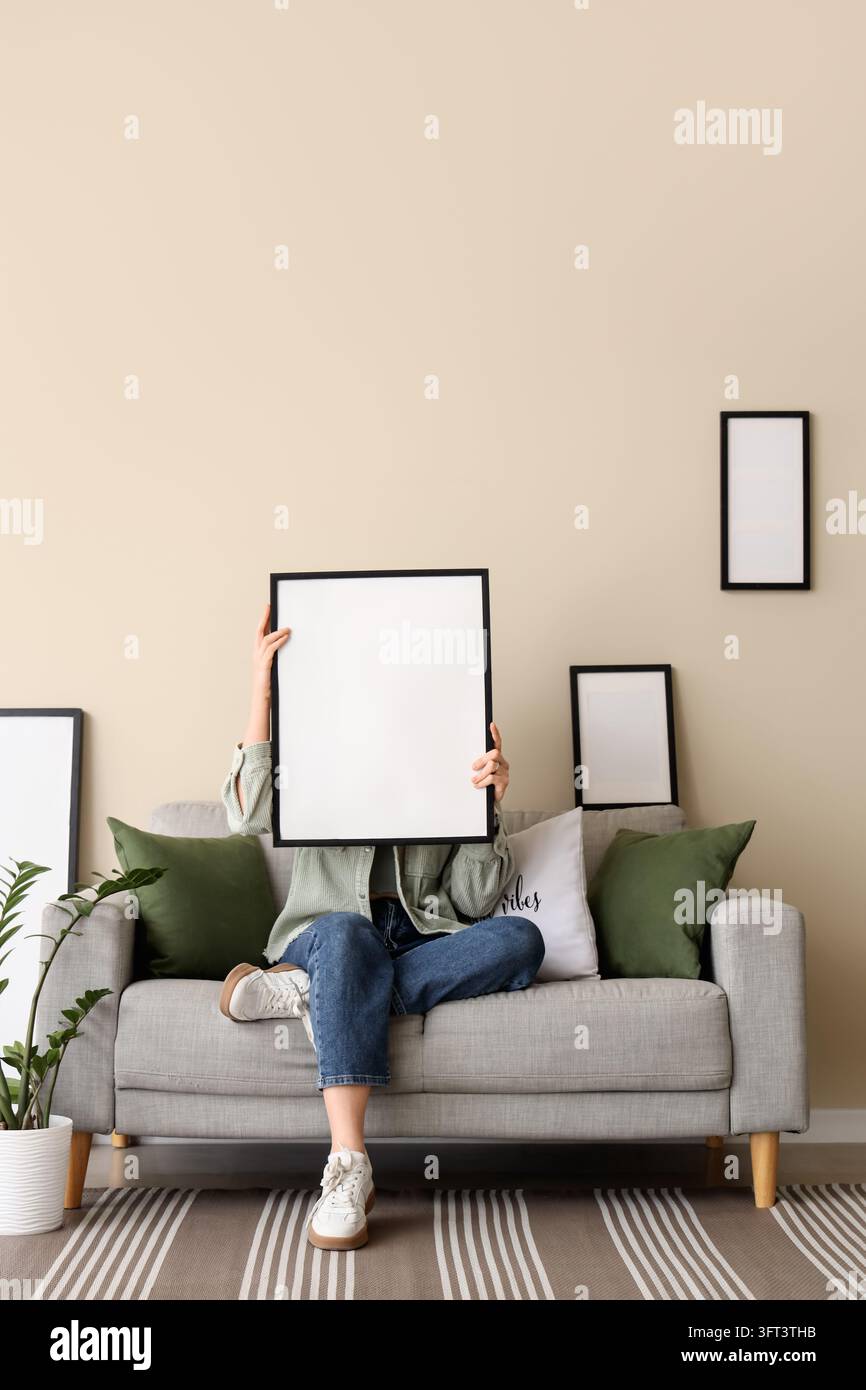 Interior design and home decor mockup, woman holding blank picture ...