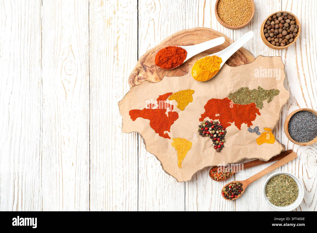 Map of world made from different kinds of spices Stock Photo - Alamy