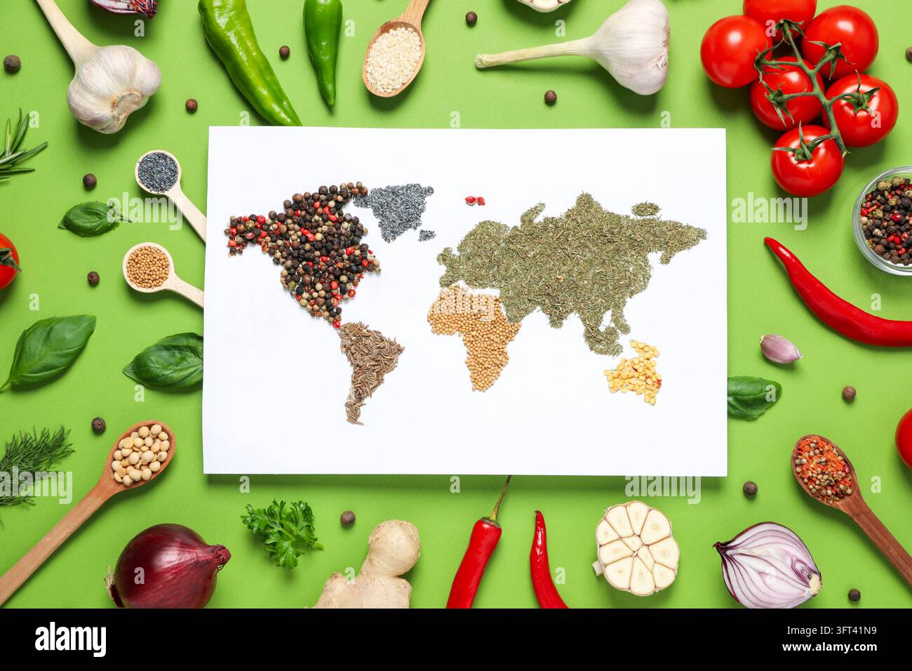 Map of world made from different kinds of spices Stock Photo - Alamy
