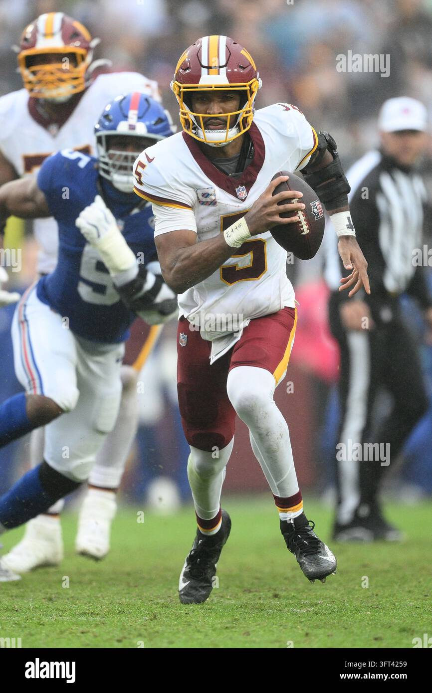 Washington Commanders New Roster Washington Commanders quarterback Jayden Daniels (5) in action during ...