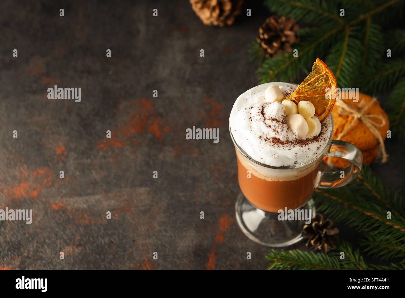 Concept of sweet drink, tasty cocoa drink with marshmallow, space for ...