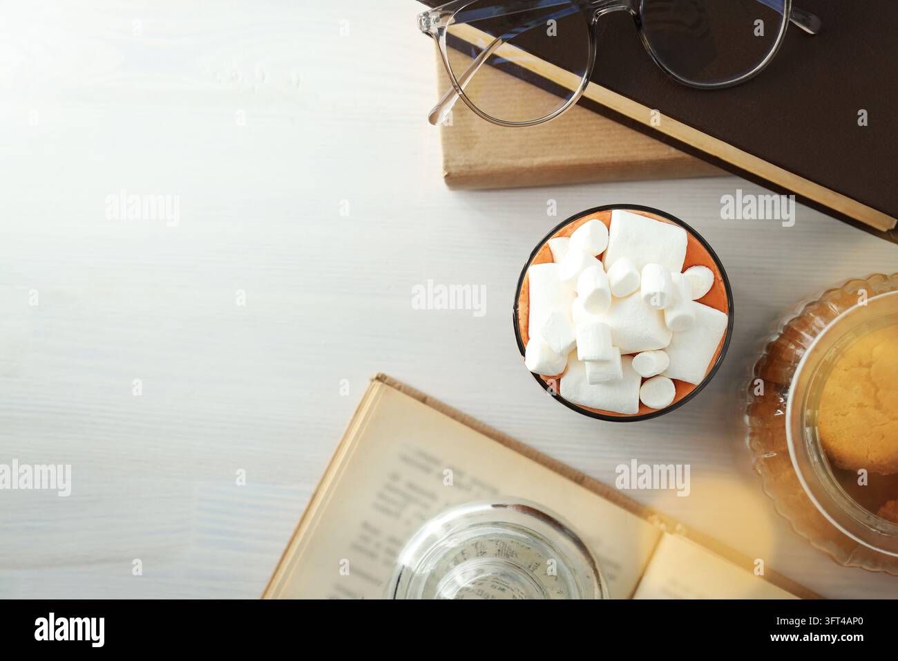 Concept of sweet drink, tasty cocoa drink with marshmallow, space for ...