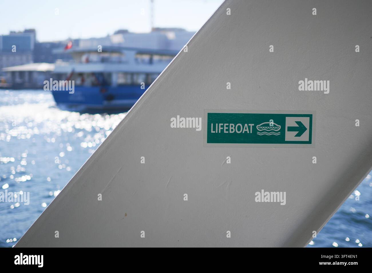 Sign indicating lifeboat location near water with a boat in the ...