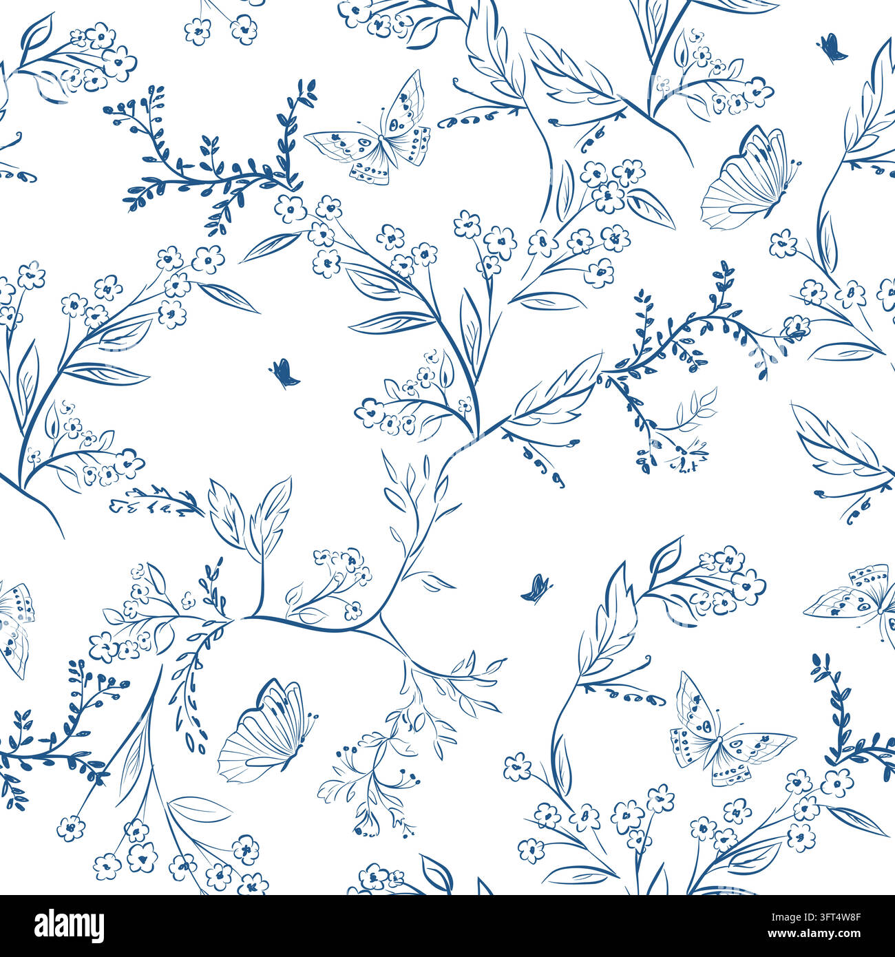 Seemlees Line Line Pattern Seamless classic floral butterfly pattern. Hand-drawn botanical vines ...