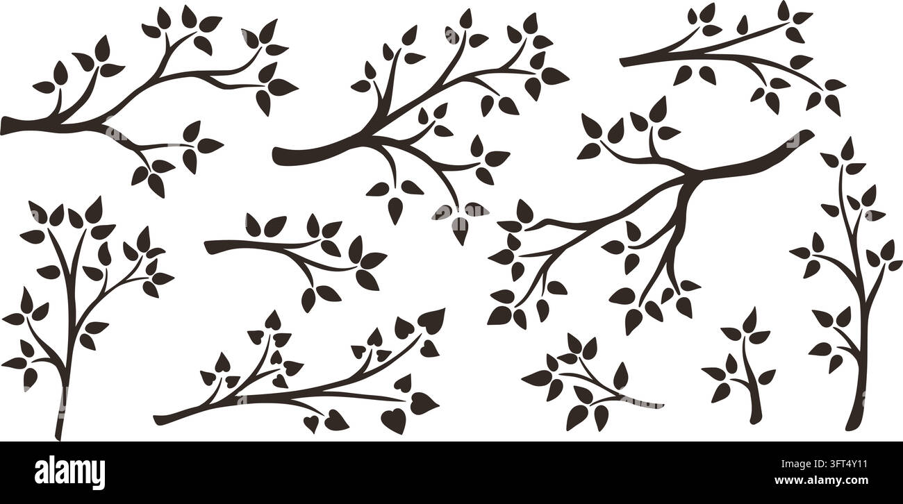 Dark silhouette of leafy tree branch on white background Stock Vector ...