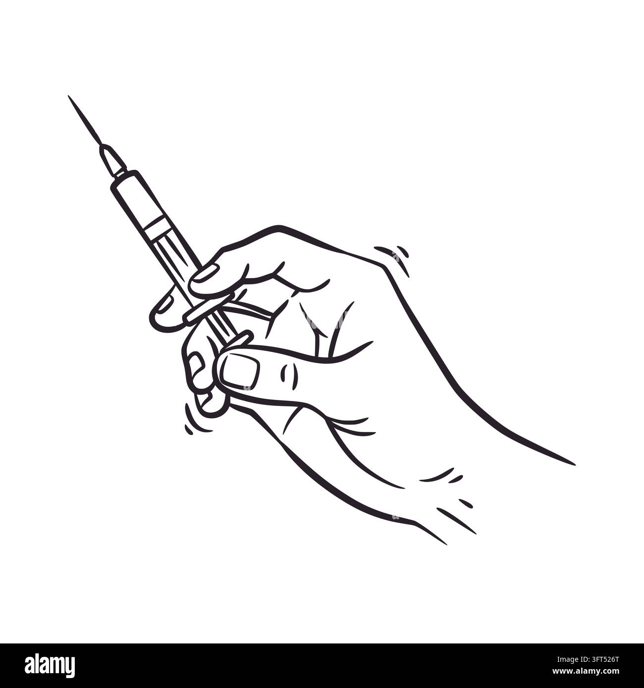 A monochrome line art sketch showing a human hand gripping a medical ...