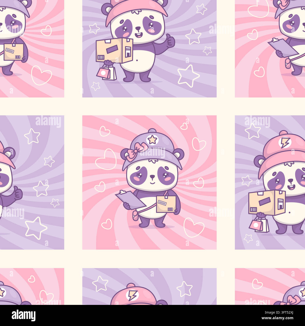 Female Panda Courier Mascot Seamless Pattern with Parcels and Thumbs Up ...