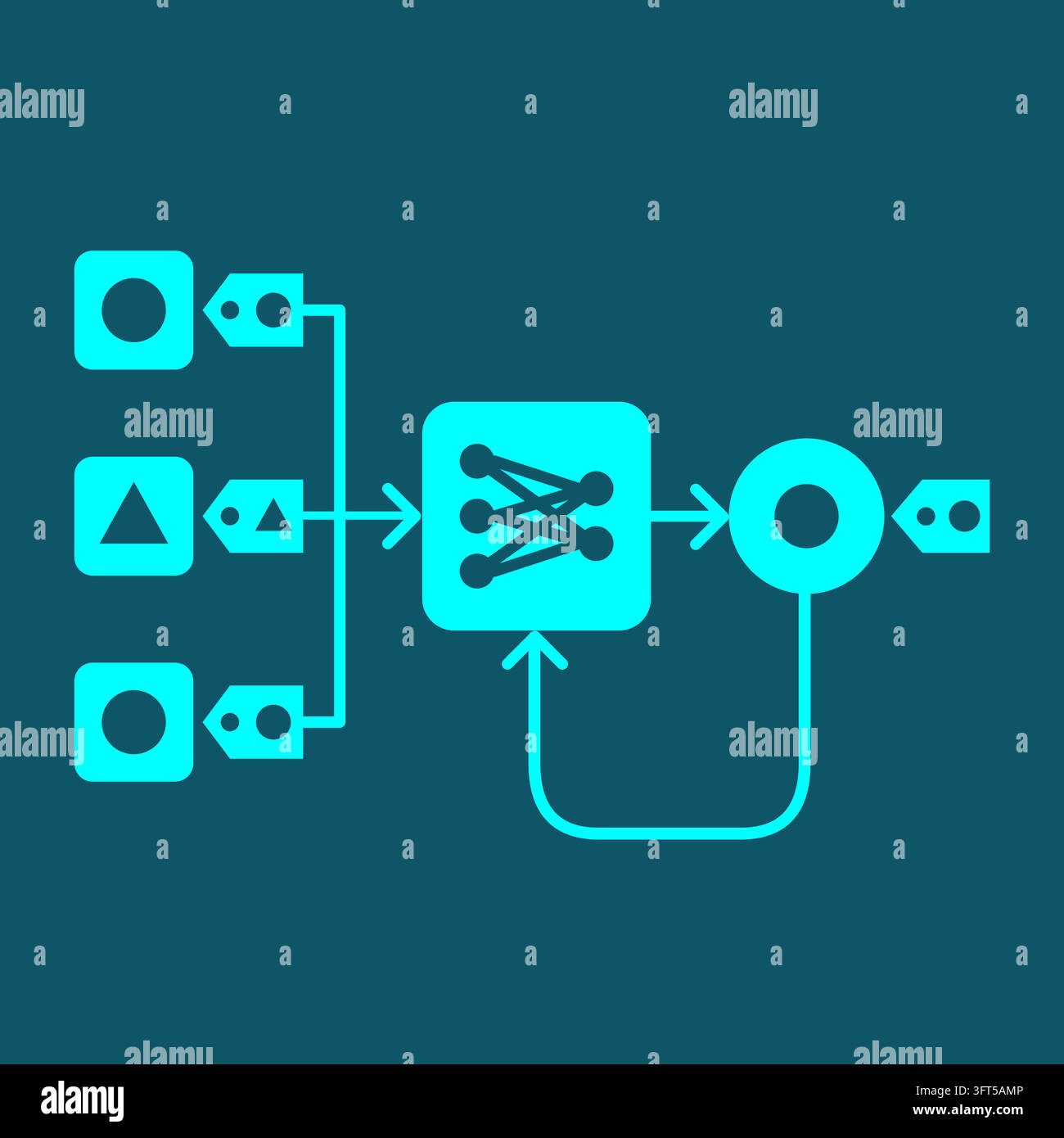 Supervised learning concept illustration: labeled examples tune model parameters toward a correct prediction Stock Vector