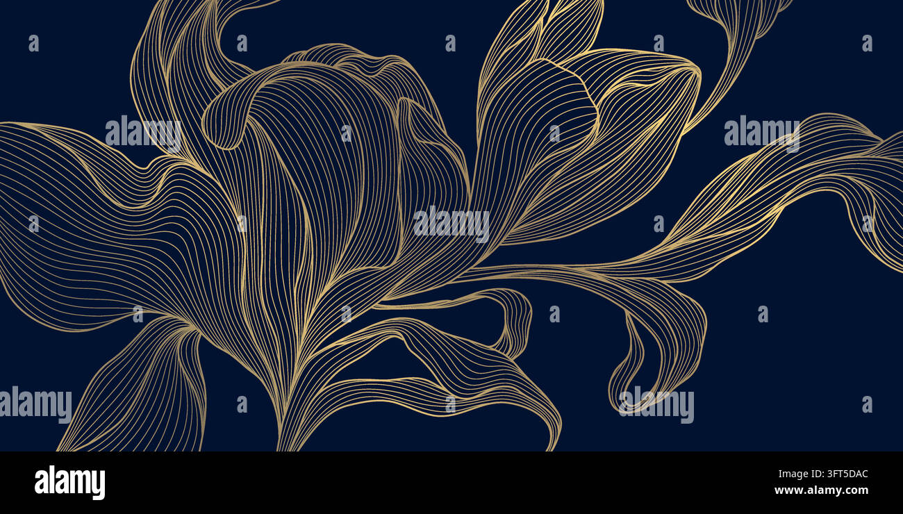 Elegant floral vector pattern with golden line flowers and leaves ...