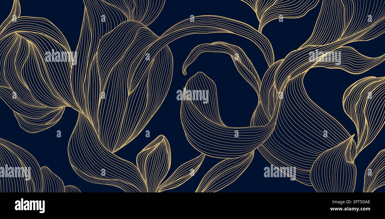 Elegant floral vector pattern with golden line flowers and leaves ...