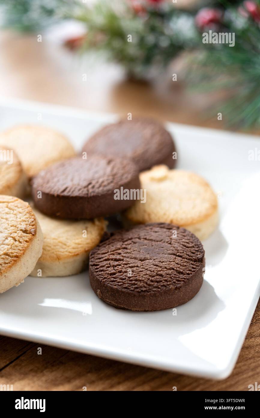 Close-up of assorted Spanish shortbread cookies on woodne table Stock Photo