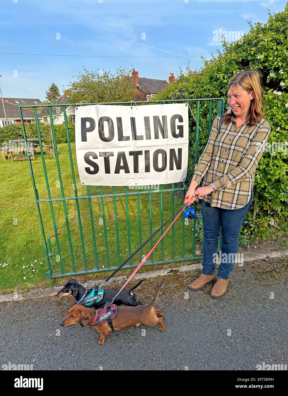 Woman with dogs by a polling-station sign in Grappenhall, Warrington. Stock Photo