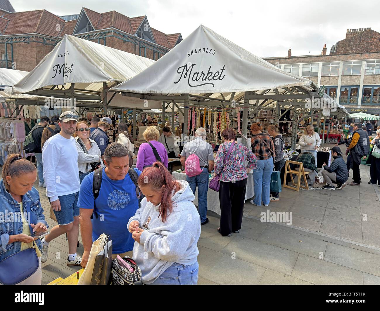 People shopping around canopy-covered stalls at Shambles Market in York. Stock Photo