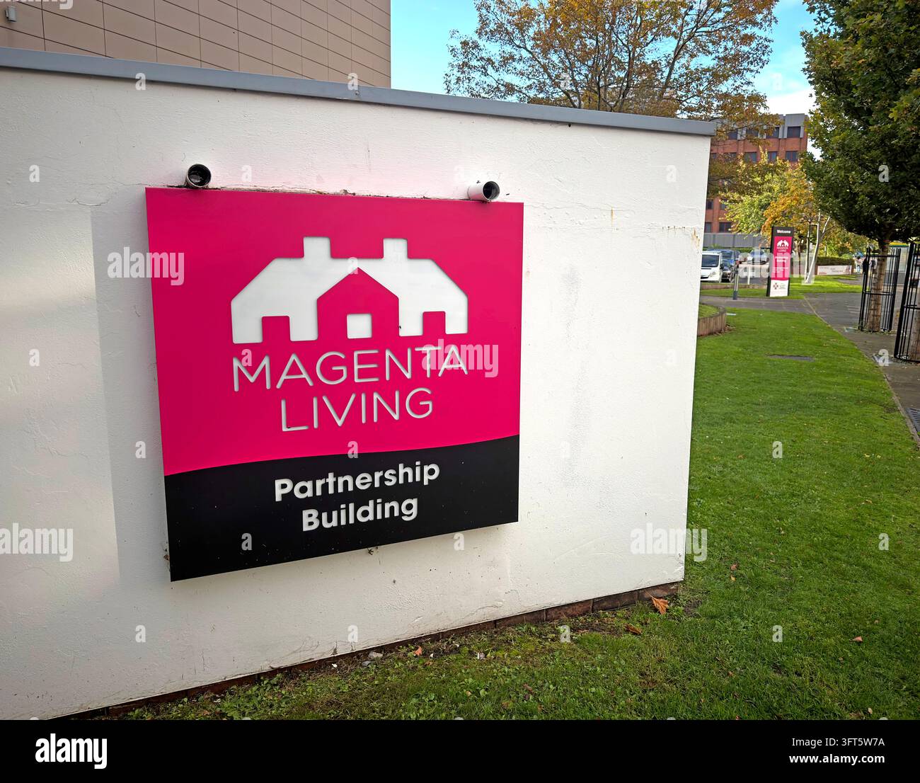 Magenta Living housing association sign outside a partnership building in Birkenhead, Wirral. Stock Photo