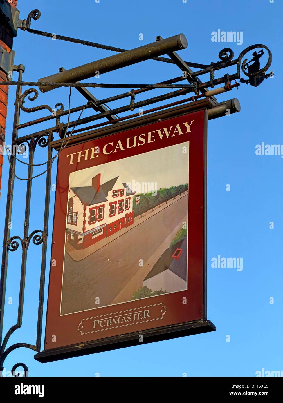 Traditional hanging sign for The Causeway Hotel public house on Wilderspool Causeway, Warrington. Stock Photo