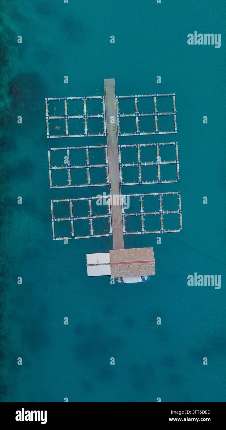 Floting Farm Aerial view of a fish farm structure with floating cages and a small ...