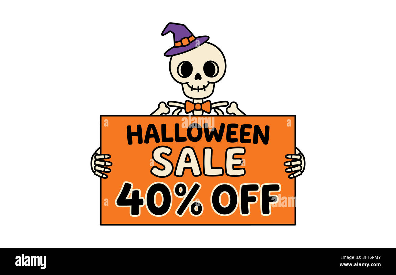 Transpadent Cute skeleton holding a halloween sale forty percent off sign isolated ...