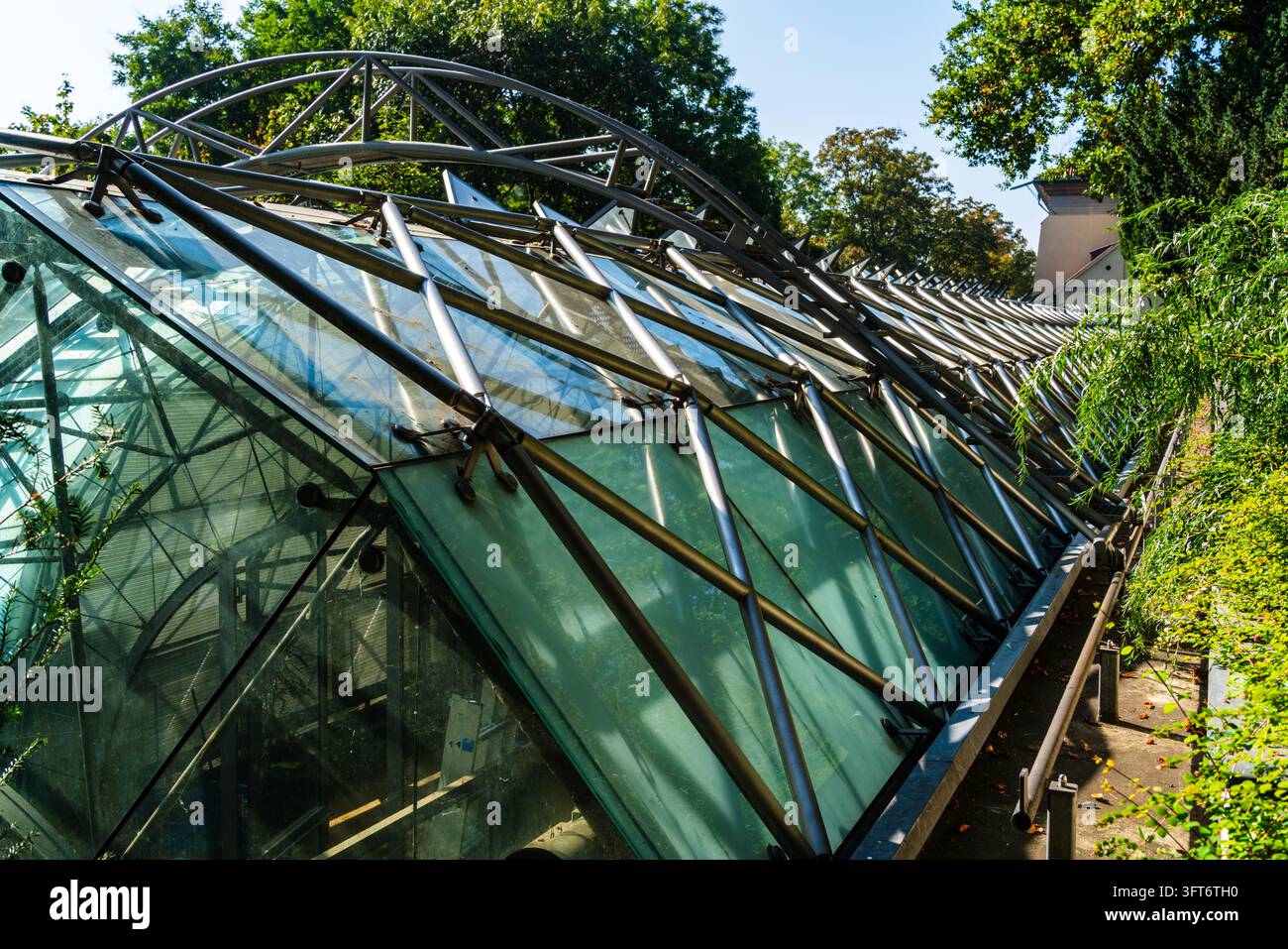 View of a modern glass and steel greenhouse structure with a complex ...