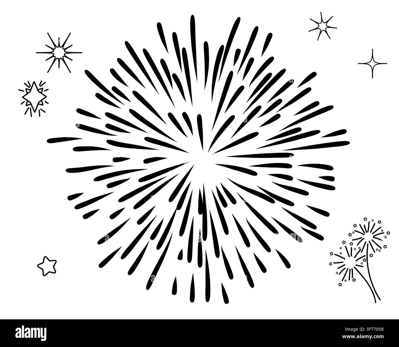 Fireworks with sparks, black and white linear vector illustration. For ...