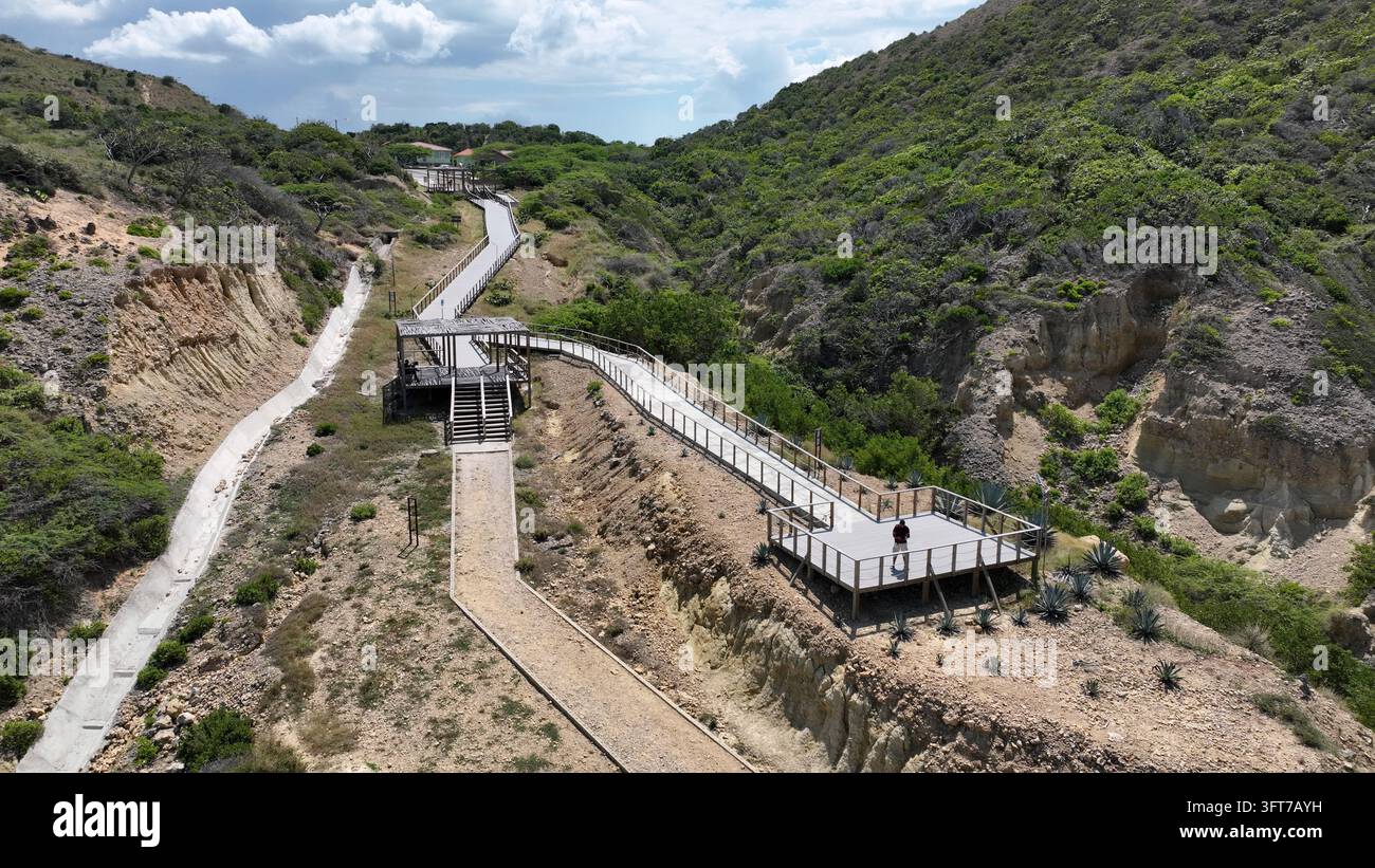 Aerial view of the wooden boardwalk trail at El Morro de Montecristi ...