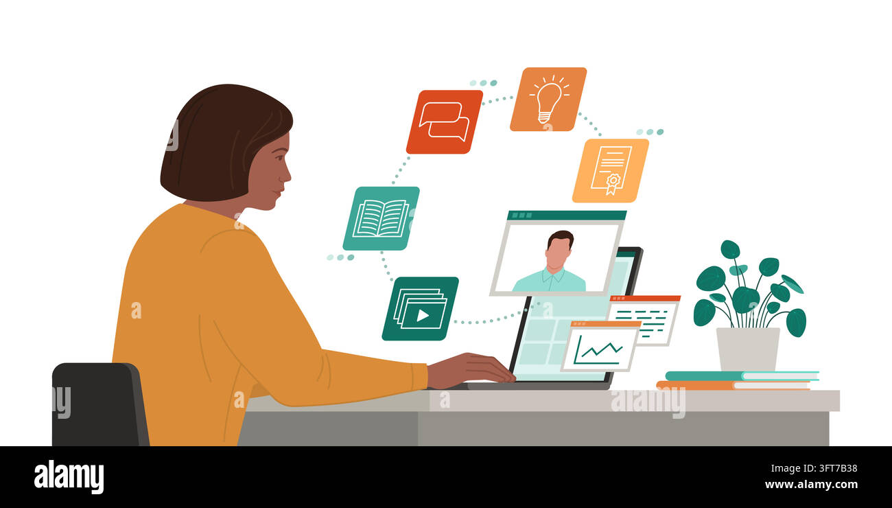 Woman using her laptop and taking online classes: e-learning and adult education concept Stock Vector