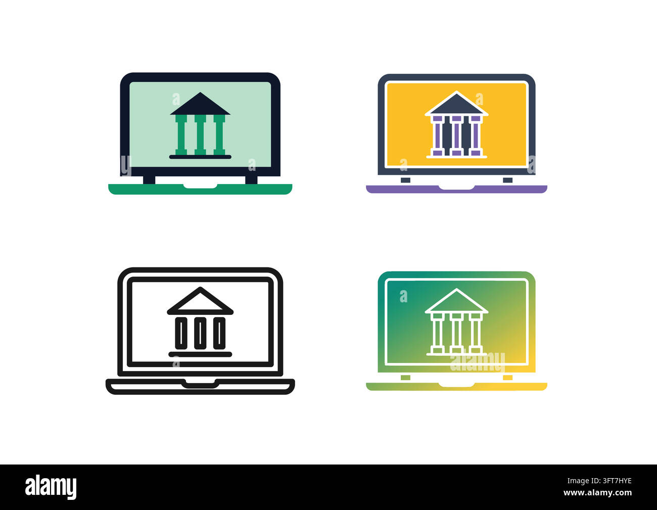 Vector icon set featuring laptop computers displaying a classical bank ...