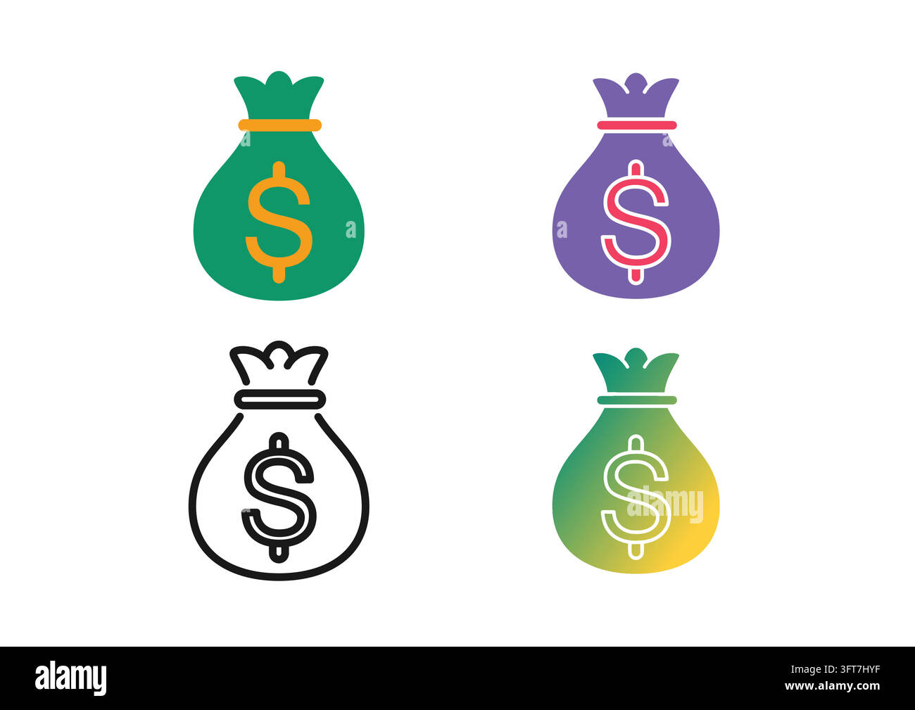 Vector icon set featuring tied money bags stamped with a dollar sign ...
