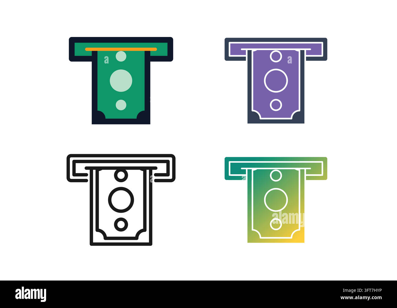 Vector icon set depicting ATM slot dispensers issuing paper money ...