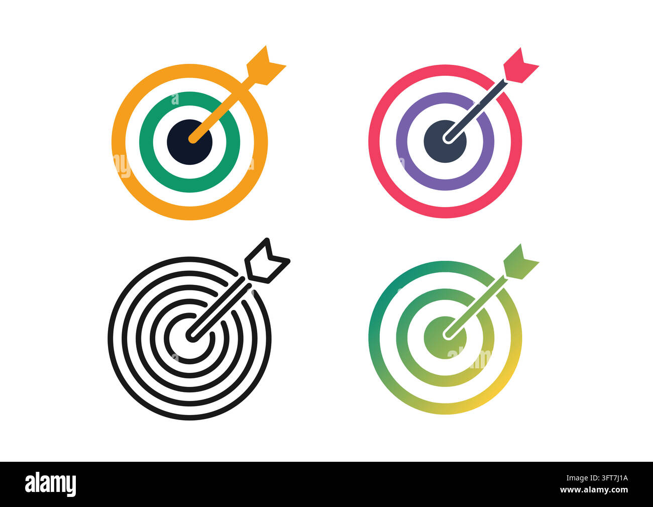 Vector icon set featuring target bullseyes with an arrow hit in the ...